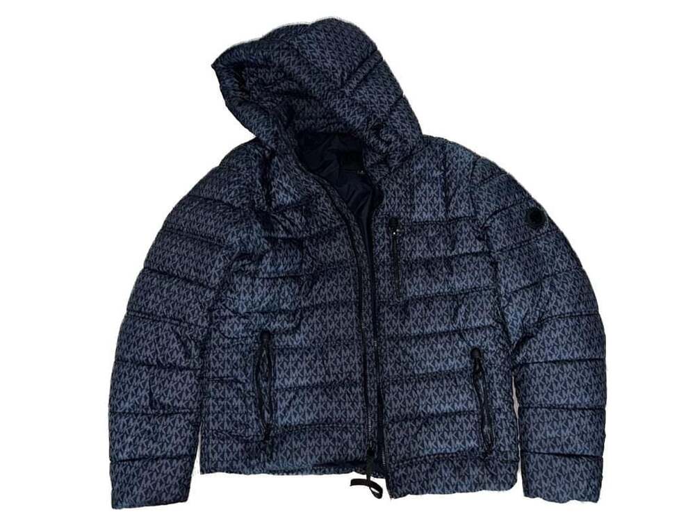 Michael Kors Men's MK Signature Logo Hooded Puffer Jacket Navy Blue